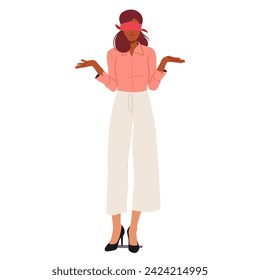 Blindfolded Woman, Uncertain Expression, Shoulders Lifted In A Subtle Shrug. Ambiguity And Vulnerability Conveyed Through Body Language, A Silent Gesture In The Unknown. Cartoon Vector Illustration