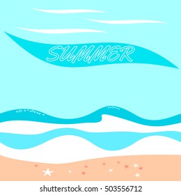 Blinding summer background on shore with ocean waves and the inscription Summer.