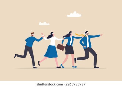 Blindly following, confusion or unknown situation, bad leadership, failure or mistake, struggle, trouble or hopeless direction concept, businesspeople blindfold follow leader in crisis or despair.