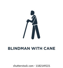 Blindman with Cane icon. Black filled vector illustration. Blindman with Cane symbol on white background. Can be used in web and mobile.