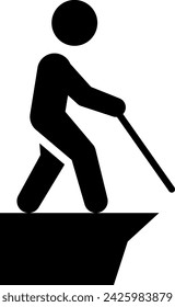 Blindness disability icon. Disabled blind man with cane walks of the cliff. Isolated flat vector illustration.