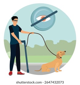 Blindness and vision loss concept. A visually impaired man using a cane walks a guide dog. The image symbolizes accessibility, independence, and support.