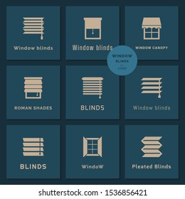 Blinds logotypes set in vector. Vector isolated icons set of window blinds vector glyph icons. Window treatments and curtains glyph icons set. Interior design, home decor shop.