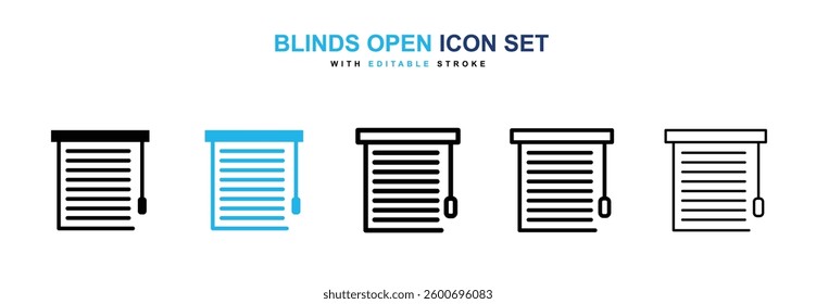 Blinds open icons graphics set in black and blue colors