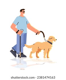 Hombre paria caminar con guía perro asistente animal líder personaje masculino seguro navegación personas con discapacidad