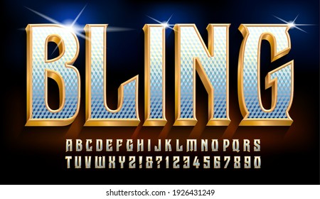 Bling is an ornate alphabet with golden framing and a bejeweled interior