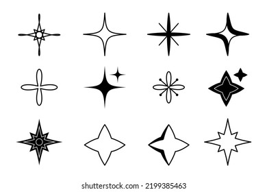 Bling Stars, Starburst And Retro Futuristic Graphic Elements Set. Trendy Brutal Stellar Logo And Icons Collection. Black And White Vector Template. Digital Art Design