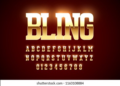 Bling Style Gold Font Design, Alphabet Letters And Numbers Vector Illustration