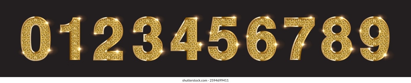 Blinging Golden Numbers Zero to Nine. One, Two, Three, Four, Five, Six, Seven, Eight, Nine, and Zero on Black Background for Anniversaries and Special Dates. Vector Illustration.