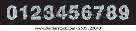Blinging and Sparkling Silver Numbers Zero to Nine. One, Two, Three, Four, Five, Six, Seven, Eight, Nine, and Zero on Black Background for Anniversaries and Special Dates. Vector Illustration.