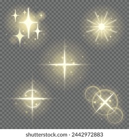 Juego de efectos de luz intermitente. Brillo dorado suave, destellos brillantes de estrella con efecto resaltado. Brillo mágico y llamarada brillante. Brillo brillante efecto deslumbramiento. Ilustración vectorial de estrella parpadeante.