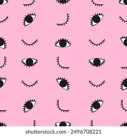 Blinzeln Augen nahtloses Muster. Wink, öffne, schließe Augen. Augen mit Wimpern auf rosafarbenem Hintergrund. Vektorliniengrafik