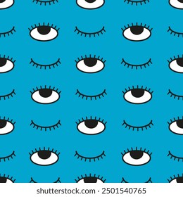 Blinked eyes seamless pattern. Wink, open, close eyes. Eeyes with lashes on blue backdrop. Vector line illustration