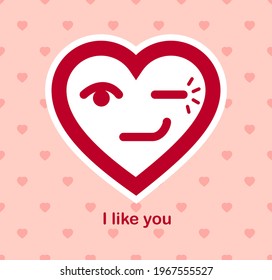 Blinking heart cheerful adorable facial expression, isolated vector conceptual icon or logo design, simple icon funny, compliment idea, flirt and romance theme.