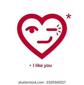 Blinking heart cheerful adorable facial expression, isolated vector conceptual icon or logo design, simple icon funny, compliment idea, flirt and romance theme.