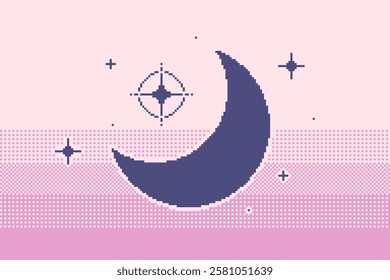 Blinking Moon Crescent on Pink Gradient Background, Pixel Art Style Abstract Illustration