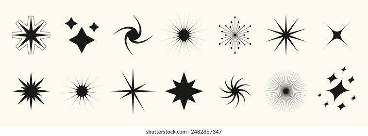 Blinking stars, sparks and sparkles set. Shining twinkle sunburst shapes collection. Magic light flare pack for design template, poster, banner, brochure, leaflet. Vector glitter illustrations