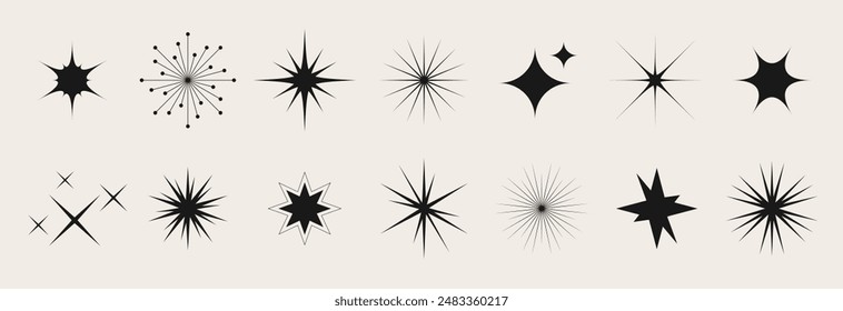 Blinking stars, sparks and sparkles set. Shining twinkle sunburst shapes collection. Magic light flares pack for design template, poster, banner, brochure, leaflet. Vector glint glitter illustration