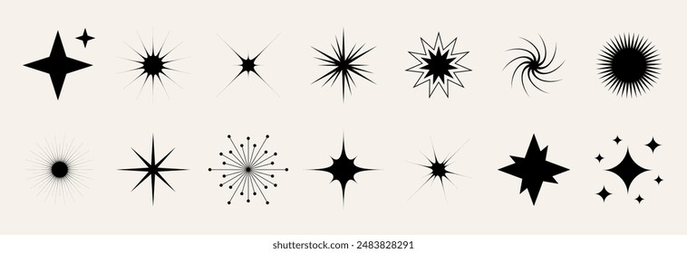 Blinking stars, sparks and sparkles set. Shining twinkle shapes collection. Magic light flare pack for design template, poster, banner, brochure, leaflet. Vector glitter illustrations