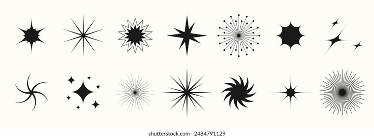 Estrellas parpadeantes, chispas y destellos. Brillante colección de Formas brillantes. Paquete mágico de la bengala de la luz para la Plantilla del diseño, póster, Anuncio, folleto, folleto. Vector brillo estrellas ilustraciones