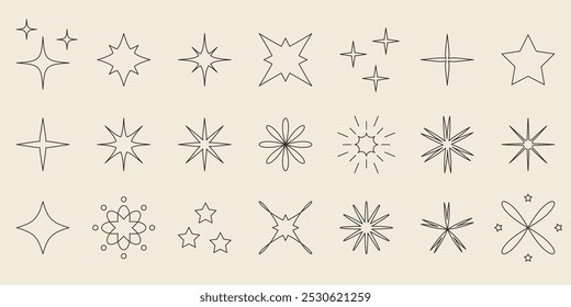 Estrelas, faíscas e brilhos intermitentes definidos no estilo de contorno. Sinal de efeito de brilho de linha única abstrato. Brilhante brilho sunburst formas coleção. Ilustração vetorial