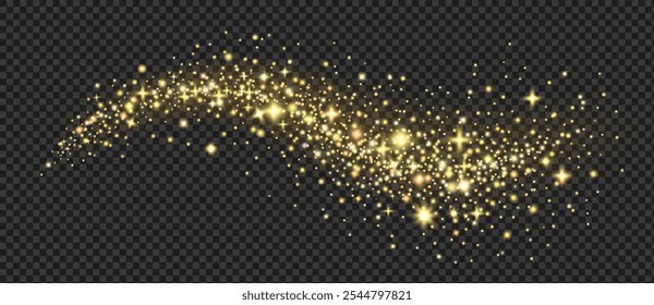 Blinking stars, sparks and sparkles wave. Shining twinkle sunburst on transparent background.. Magic golden stardust template for poster, banner. Vector glittering magic tail illustration
