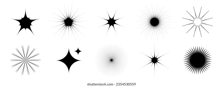 Enganchado de eslabones y mellizas. Colección de estrellas de bling retro. Resumen del paquete de efecto de brillo de starburst negro. Plantilla de elemento de diseño para afiches, banner, tarjeta, icono, etiqueta, collage, volante. Conjunto de vectores
