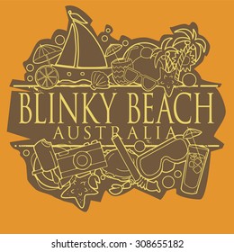 Blinky Beach, Australia beach hand drawn sign with text and various summer holiday objects, vector illustration 