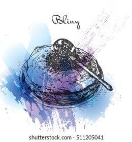 Bliny watercolor effect illustration. Vector illustration of Russian cuisine.