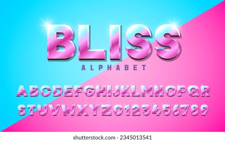 Bliss metallic 3d font in luxurious pink with blue reflections. Youthful charm and playful elegance whimsical alphabet. Ideal for projects that resonate with fashion, fantasy, and fabulousness.