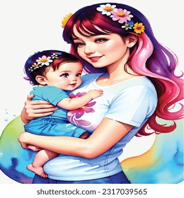 Blissful Bond: Watercolor Art Design of a Mother Holding her Baby
