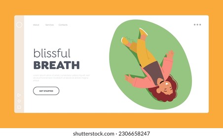 Blissful Breath Landing Page Template. Top View of Little Girl Resting On Green Meadow, Enjoying Nature, Surrounded By Nature's Beauty, And Tranquility, Looking Up At Sky. Cartoon Vector Illustration