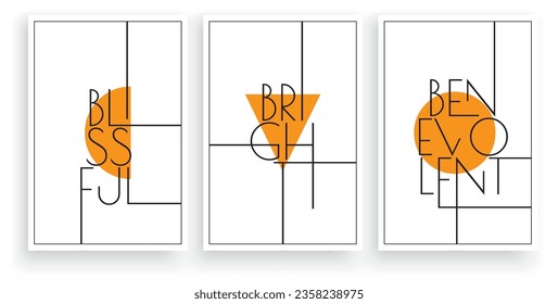 Blissful Bright Benevolent, vector. Scandinavian minimalist art design. Three pieces poster design. Wall art, art design, artwork. Modern wording design. Motivational, inspirational quote