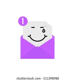 blissful emoji in purple letter notification. concept of amused, tears of happiness, compassion, character, postal, mood, sense. flat style trend modern logo graphic design on white background