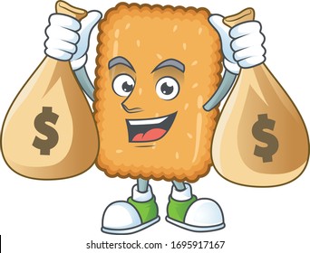 Blissful rich biscuit cartoon character having money bags