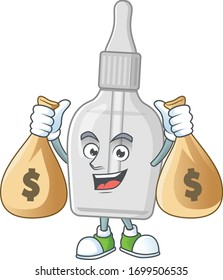 Blissful rich bottle with pipette cartoon character having money bags