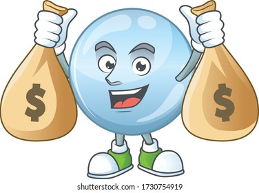 Blissful rich collagen droplets cartoon character having money bags