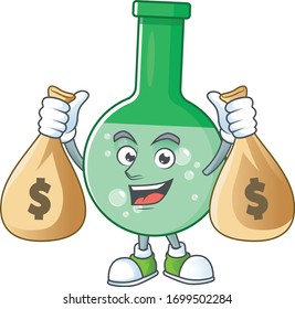 Blissful rich green chemical bottle cartoon character having money bags