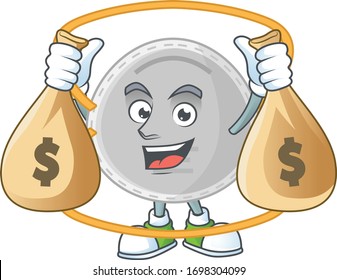Blissful rich N95 mask cartoon character having money bags