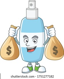 Blissful rich spray hand sanitizer cartoon character having money bags