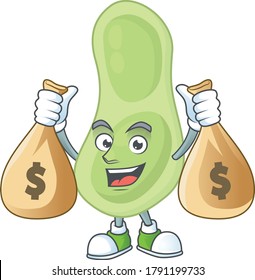 Blissful rich staphylococcus pneumoniae cartoon character having money bags. Vector illustration