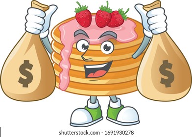 Blissful rich strawberry cream pancake cartoon character having money bags