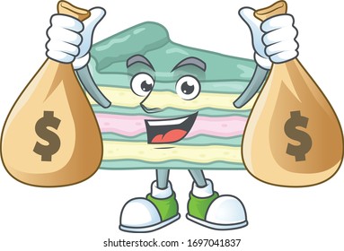 Blissful rich vanilla slice cake cartoon character having money bags