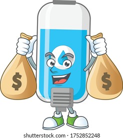 Blissful rich wall hand sanitizer cartoon character having money bags