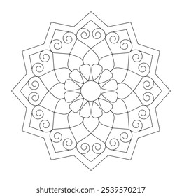 Blissful swirling bliss mandala coloring book page, vector file, tattoo design, wall art, simple mandala art, Design for a wallpaper Paint shirt and tile Sticker Design, vector file