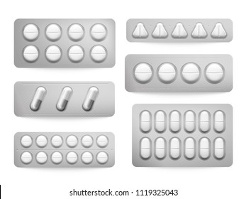 Blister 3D packs white paracetamol pills, aspirin capsules, antibiotics or painkiller drugs sign. Prescription medicine cure round capsule pill tablets. Pharmacy packing realistic isolated vector set