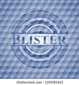 Blister blue badge with geometric pattern.