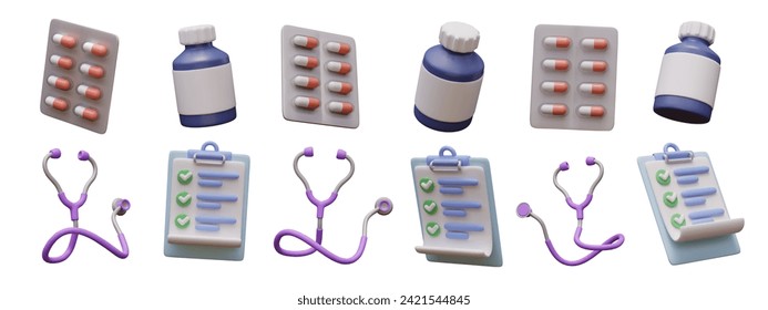 Blister with capsules, bottle with medicine, stethoscope, clipboard