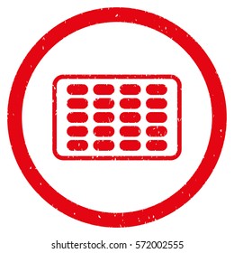 Blister grainy textured icon inside circle for overlay watermark stamps. Flat symbol with unclean texture. Circled dotted vector red ink rubber seal stamp with grunge design on a white background.