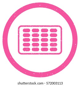 Blister grainy textured icon inside circle for overlay watermark stamps. Flat symbol with dust texture. Circled dotted vector pink ink rubber seal stamp with grunge design on a white background.